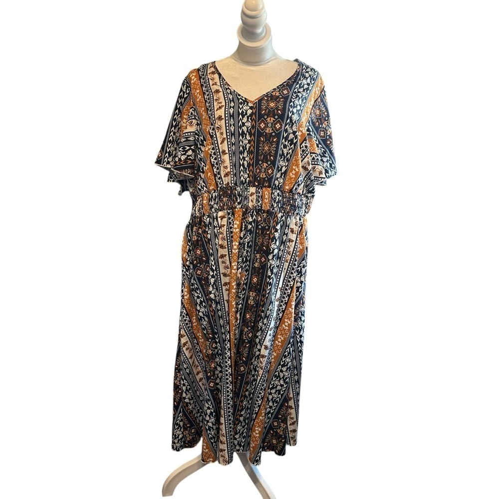 Bohemian Print Midi Dress - Black and Orange